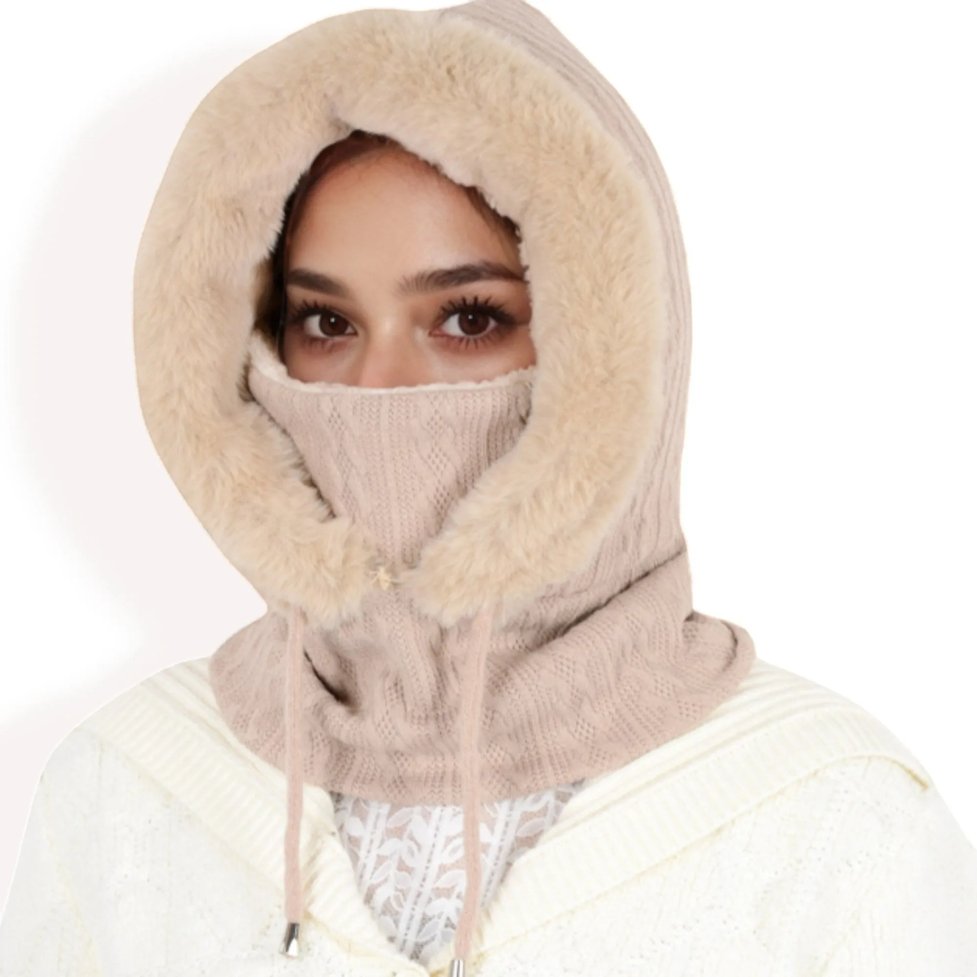 Women's Faux Fur Lined Knit Hooded Scarf with Adjustable Drawstring and Full Coverage for Winter Warmth