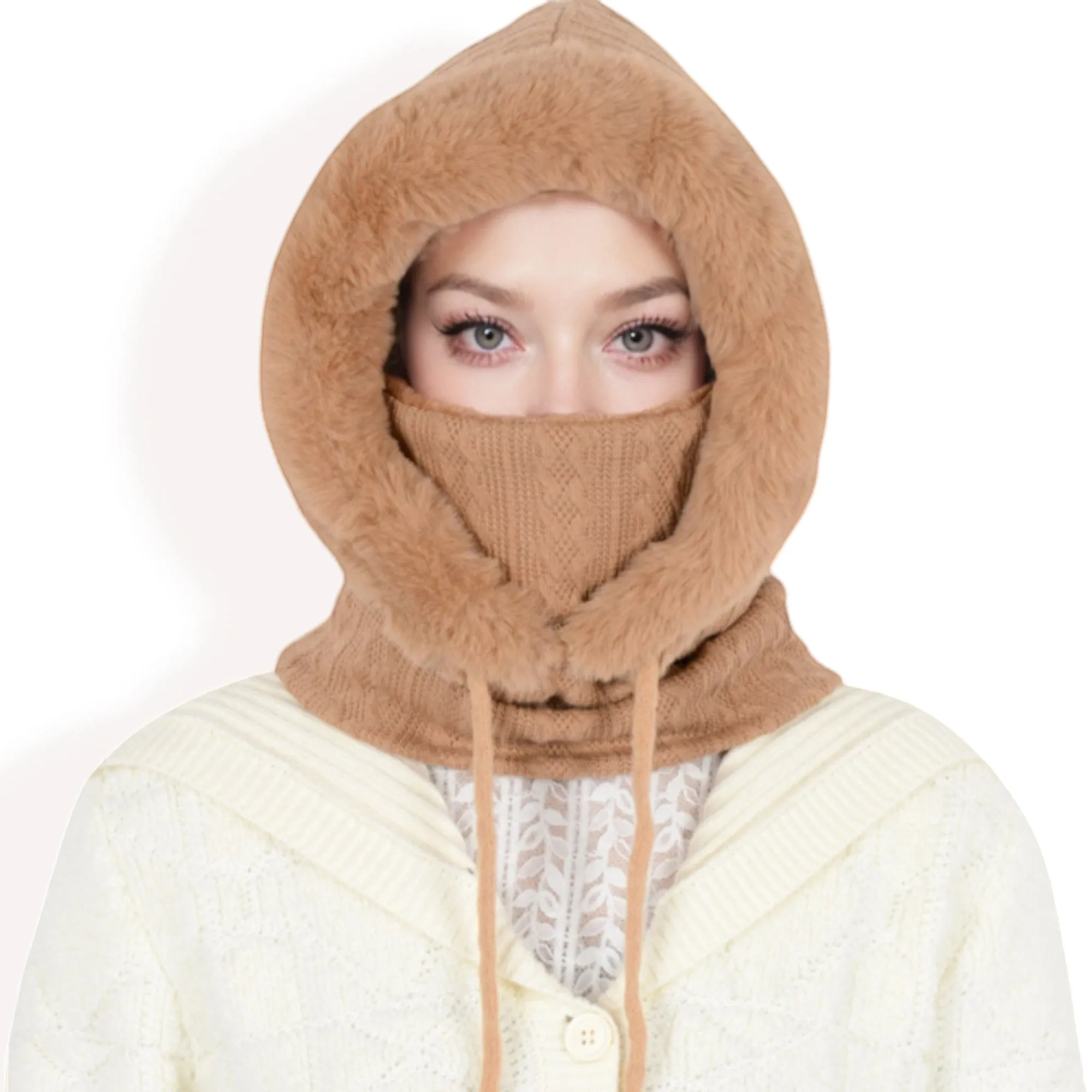 Women's Faux Fur Lined Knit Hooded Scarf with Adjustable Drawstring and Full Coverage for Winter Warmth