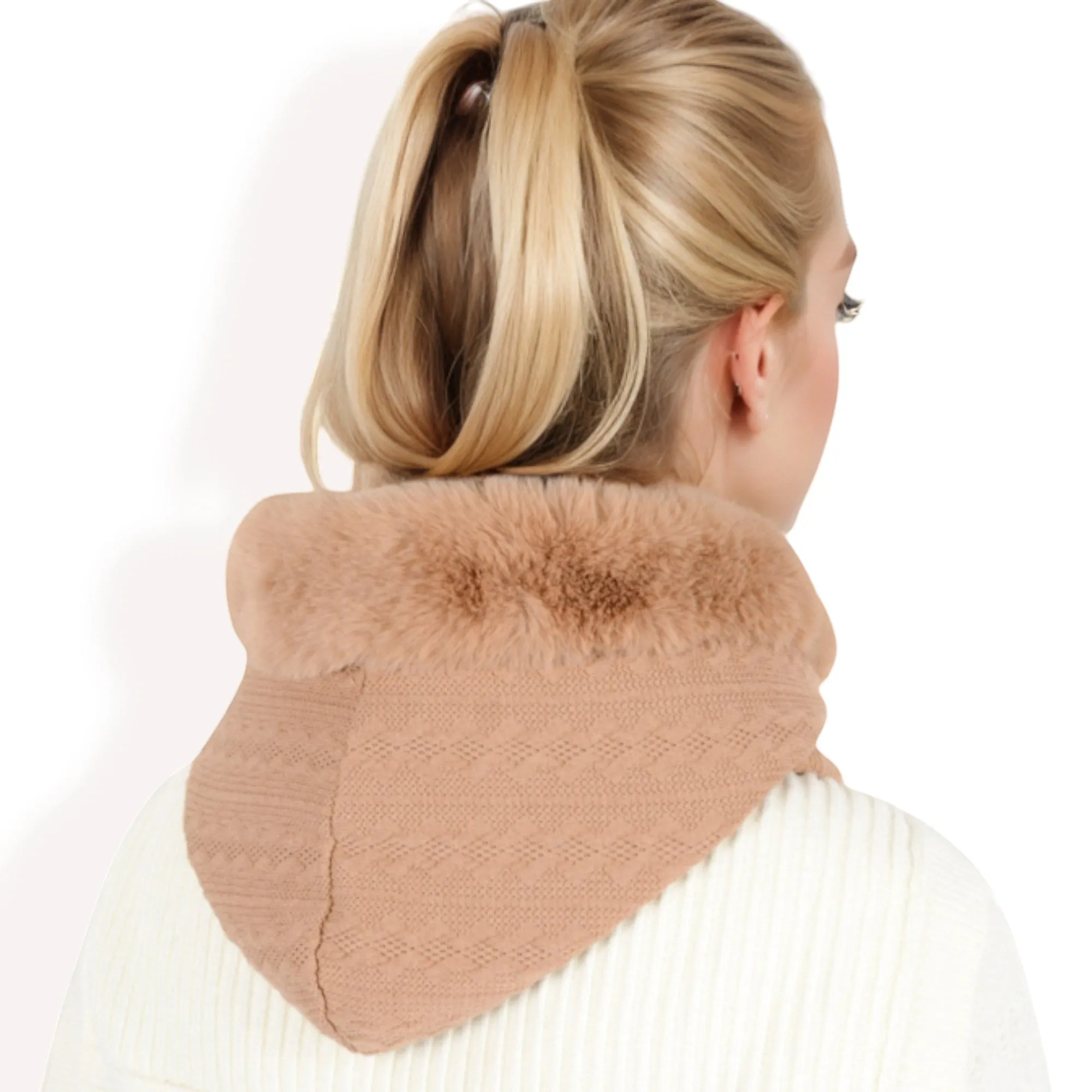 Women's Faux Fur Lined Knit Hooded Scarf with Adjustable Drawstring and Full Coverage for Winter Warmth