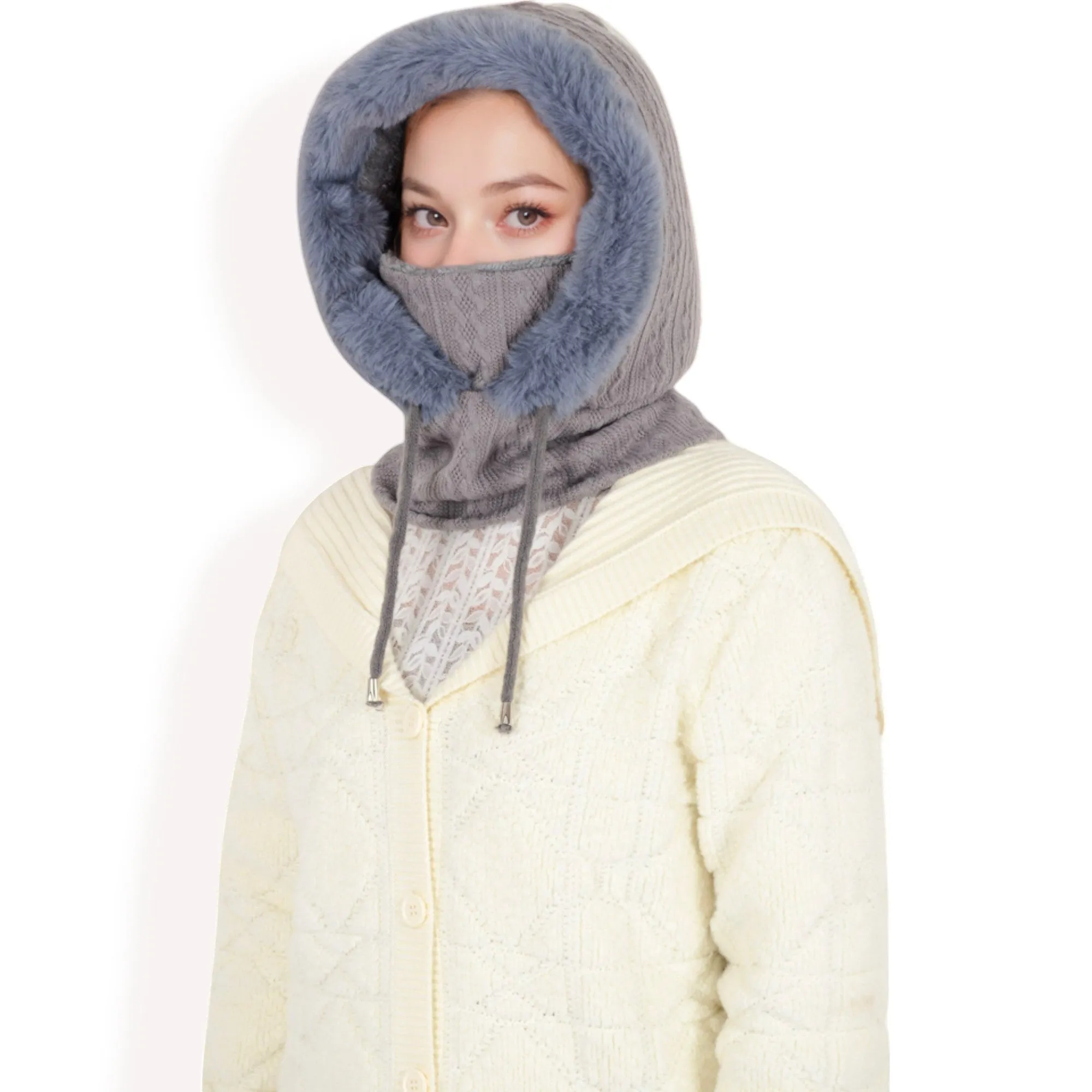 Women's Faux Fur Lined Knit Hooded Scarf with Adjustable Drawstring and Full Coverage for Winter Warmth