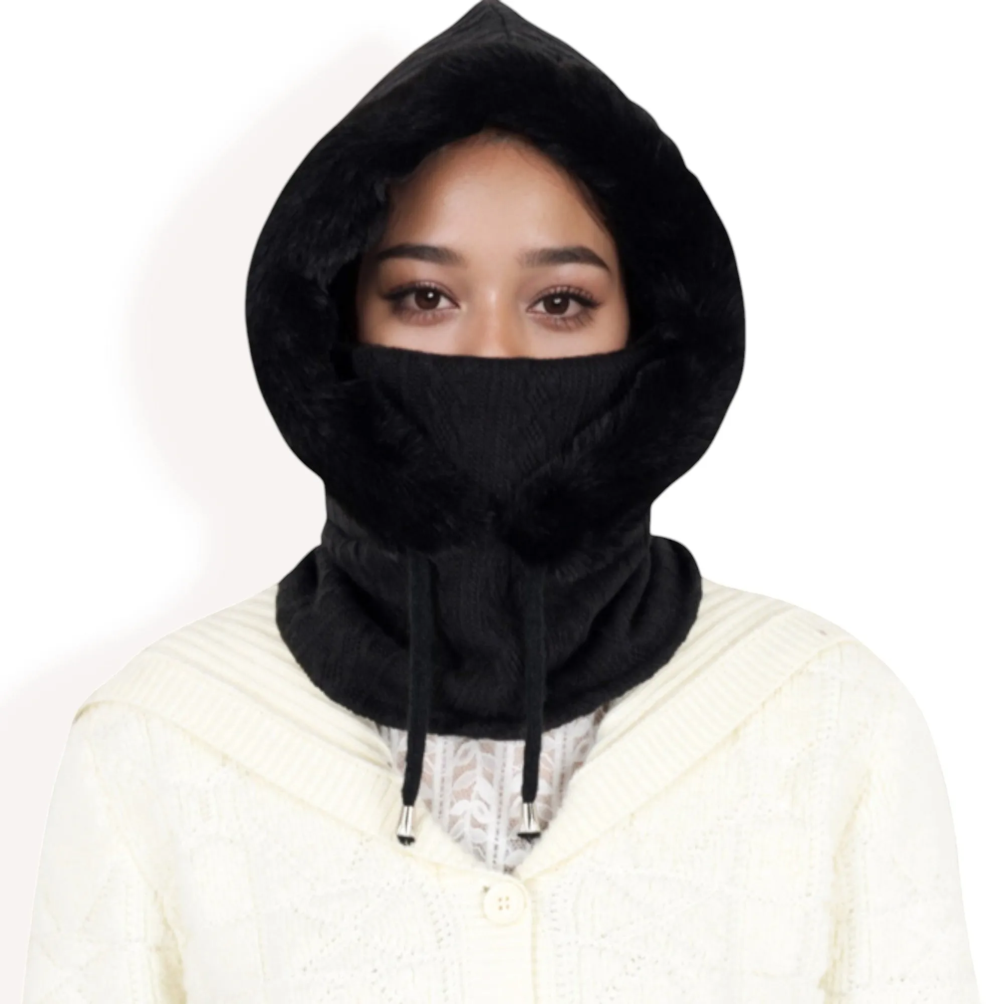 Women's Faux Fur Lined Knit Hooded Scarf with Adjustable Drawstring and Full Coverage for Winter Warmth