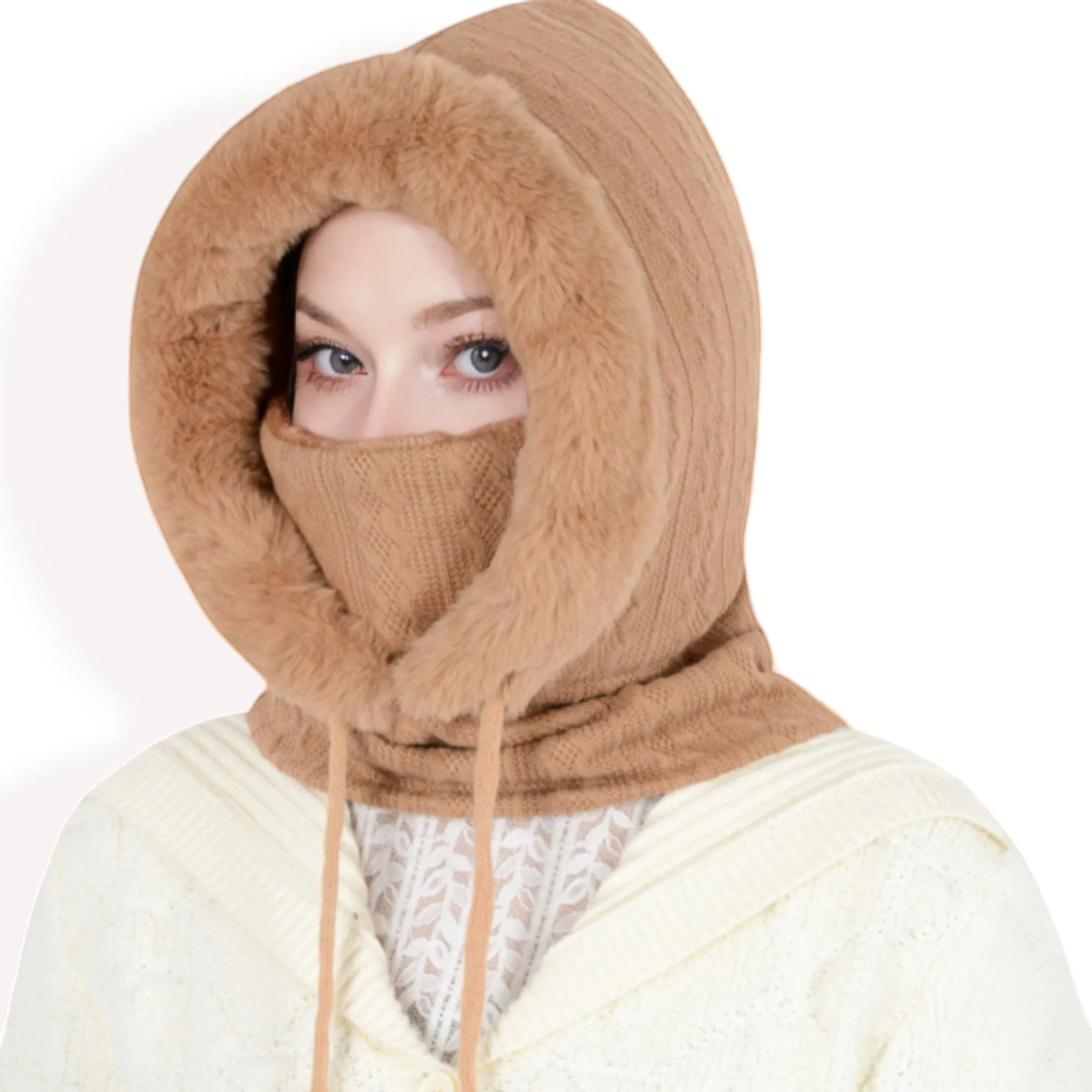 Women's Faux Fur Lined Knit Hooded Scarf with Adjustable Drawstring and Full Coverage for Winter Warmth