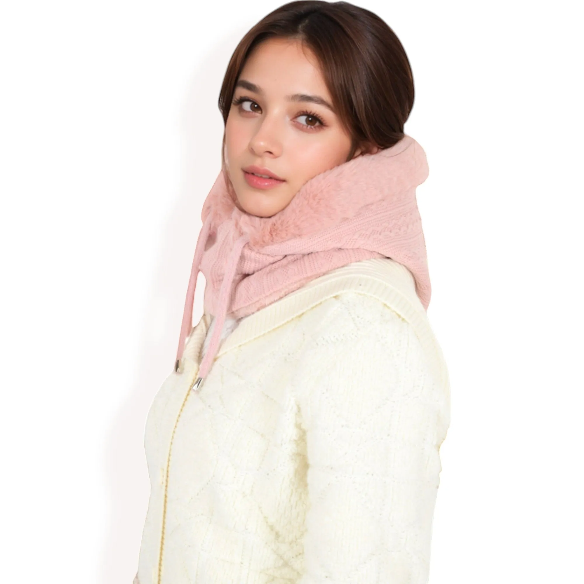 Women's Faux Fur Lined Knit Hooded Scarf with Adjustable Drawstring and Full Coverage for Winter Warmth