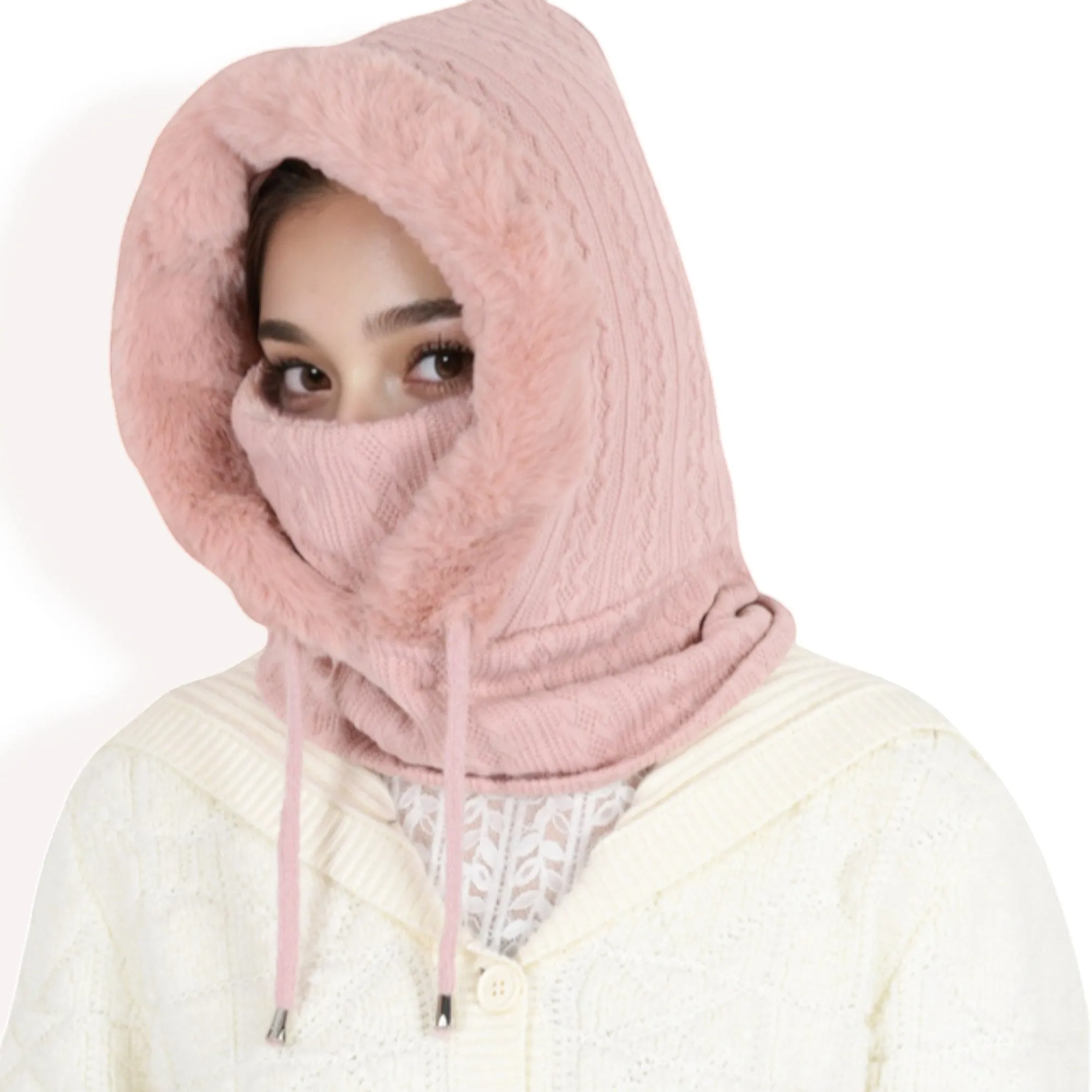 Women's Faux Fur Lined Knit Hooded Scarf with Adjustable Drawstring and Full Coverage for Winter Warmth