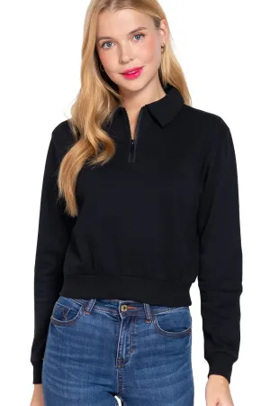 Women's Long Sleeve Notched Collar with Neck Zipper Inner Brushed Fleece Top