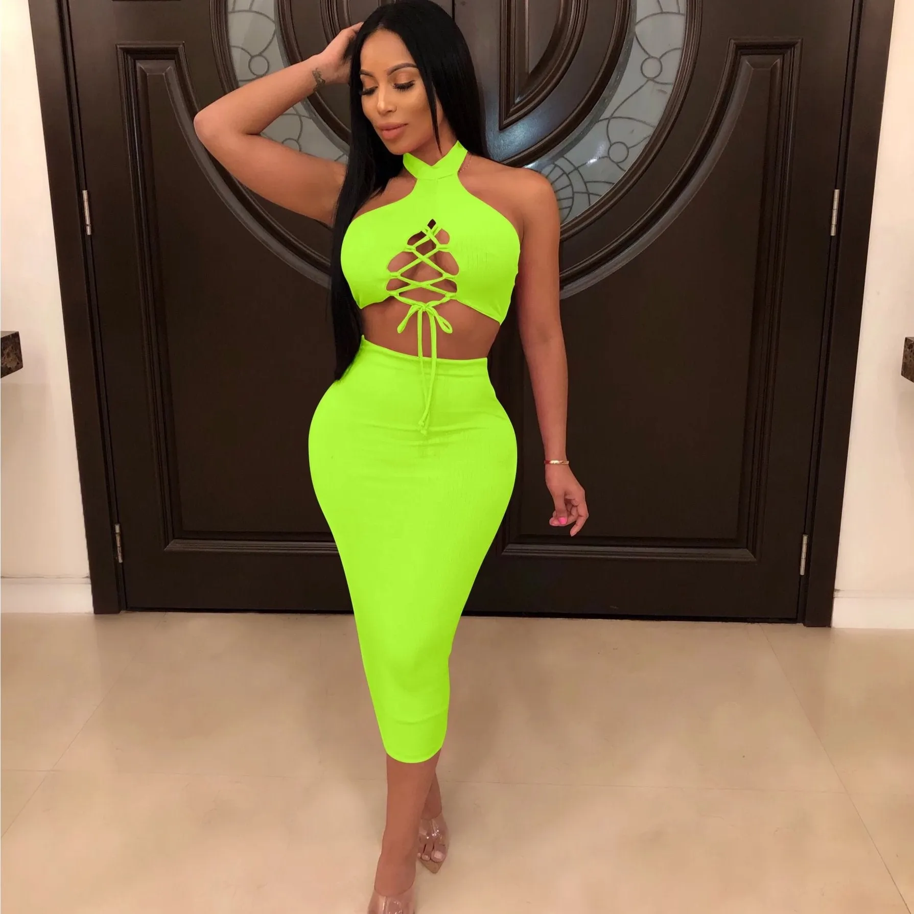 Women's Sleeveless Lace-Up Sheath Two-Piece Dress