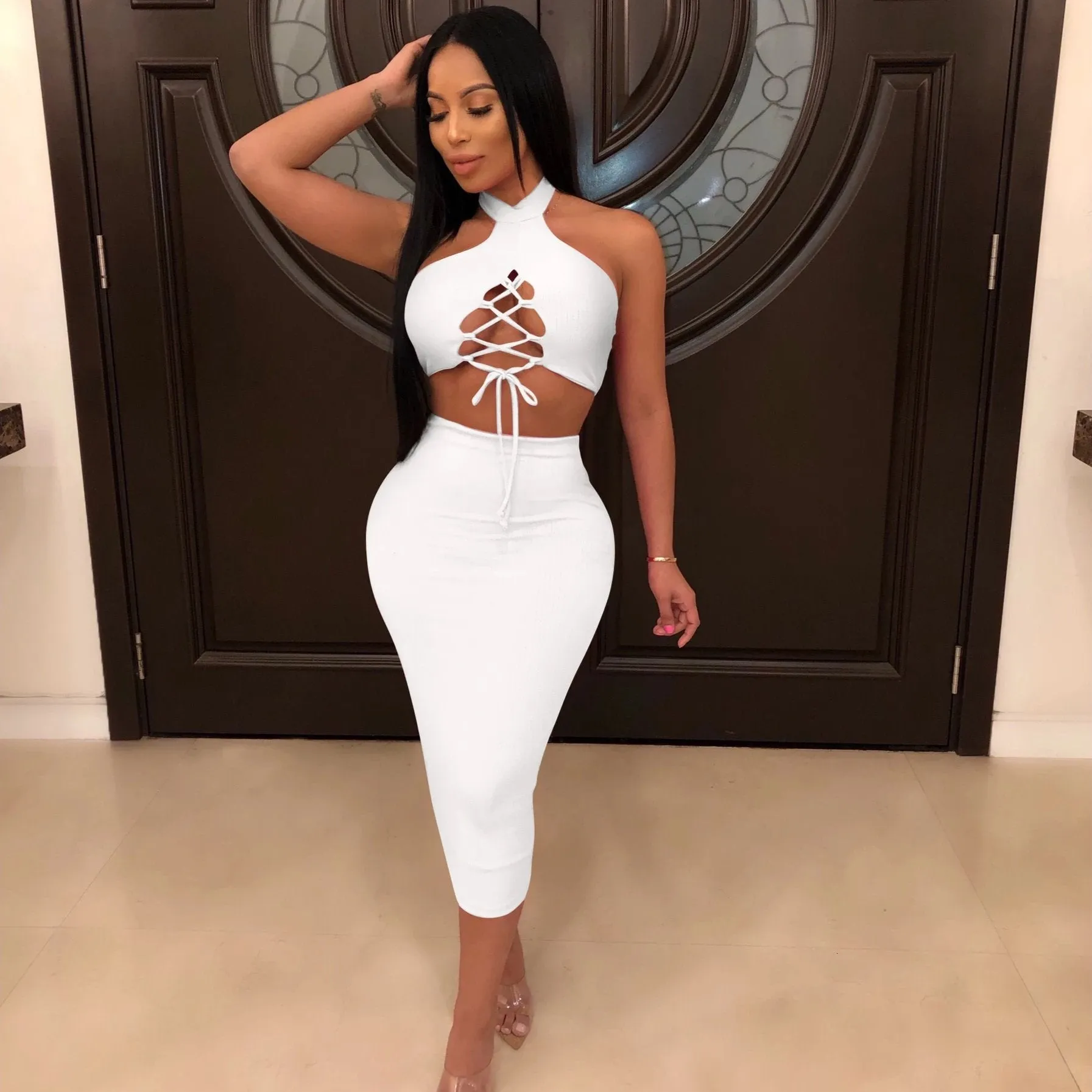 Women's Sleeveless Lace-Up Sheath Two-Piece Dress