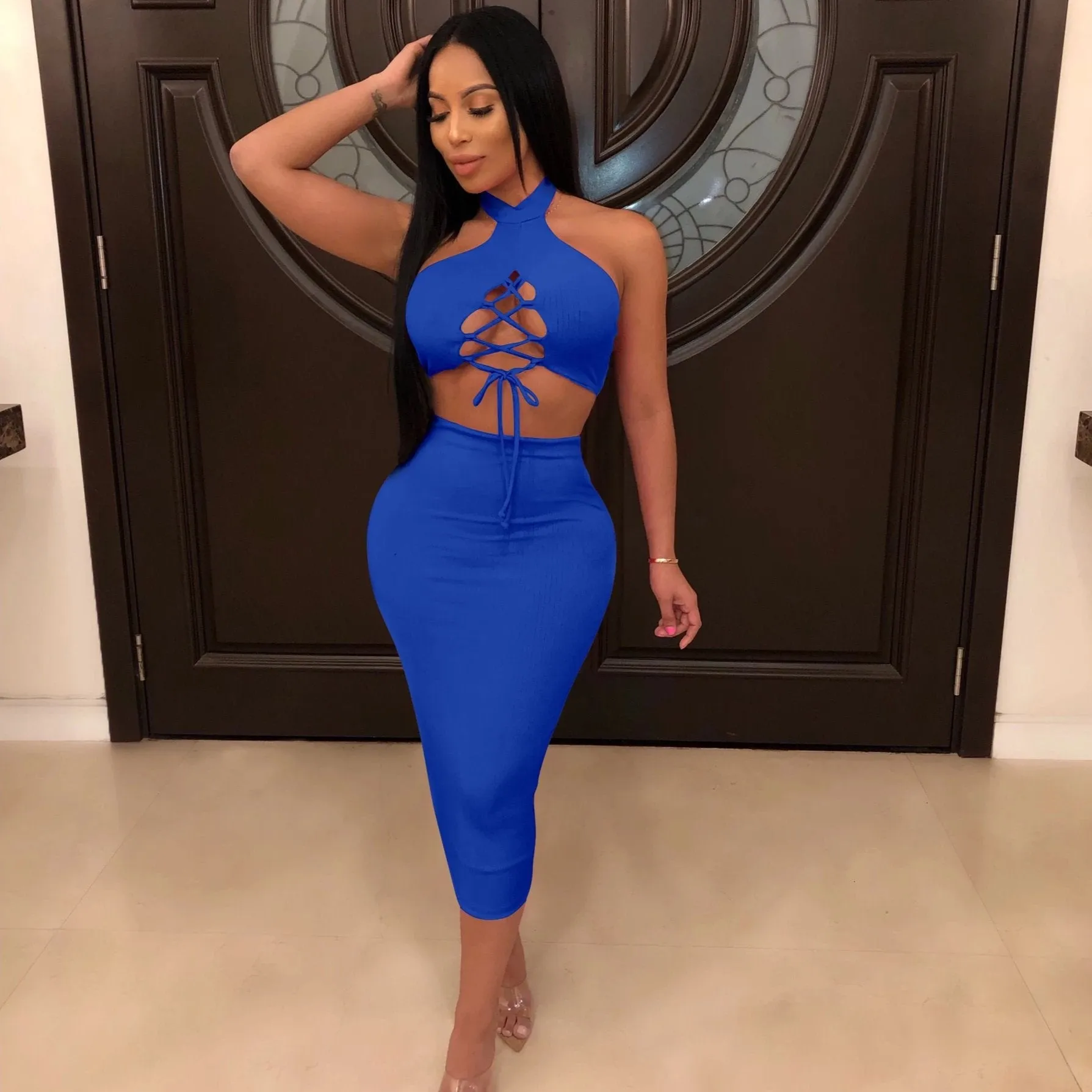 Women's Sleeveless Lace-Up Sheath Two-Piece Dress
