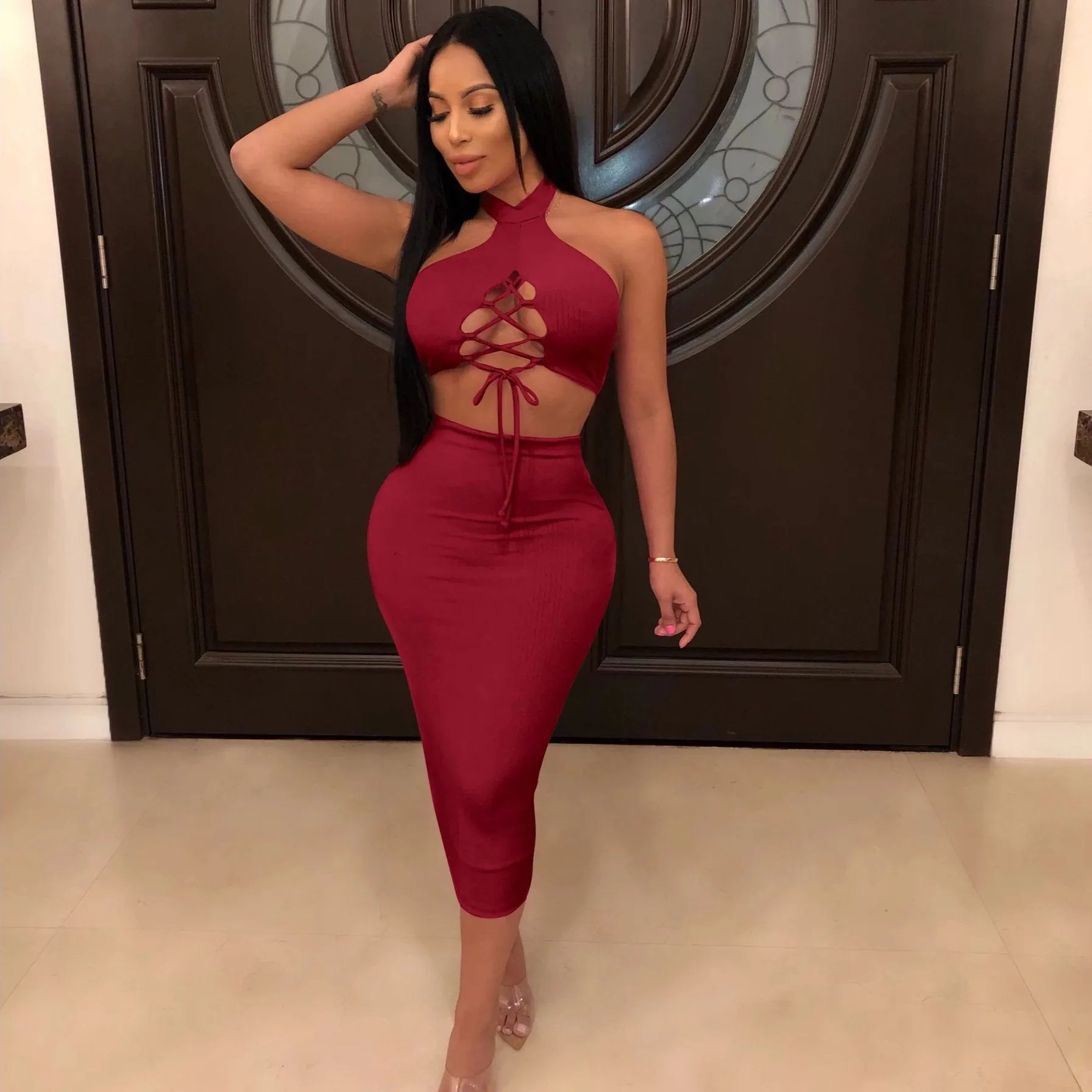 Women's Sleeveless Lace-Up Sheath Two-Piece Dress
