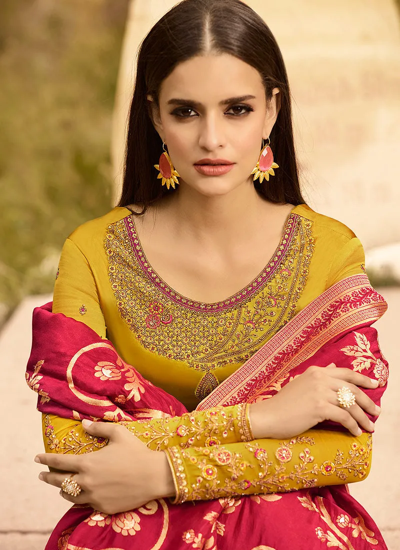 Yellow And Pink Embroidered Pants Suit