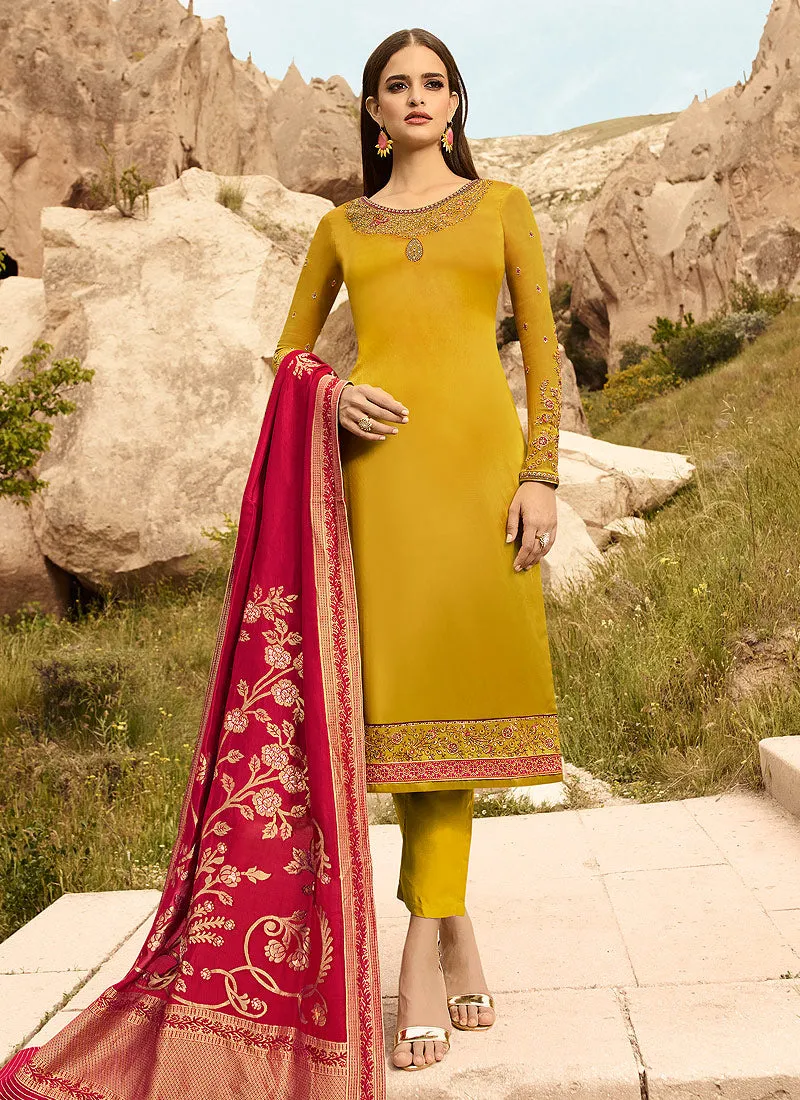 Yellow And Pink Embroidered Pants Suit