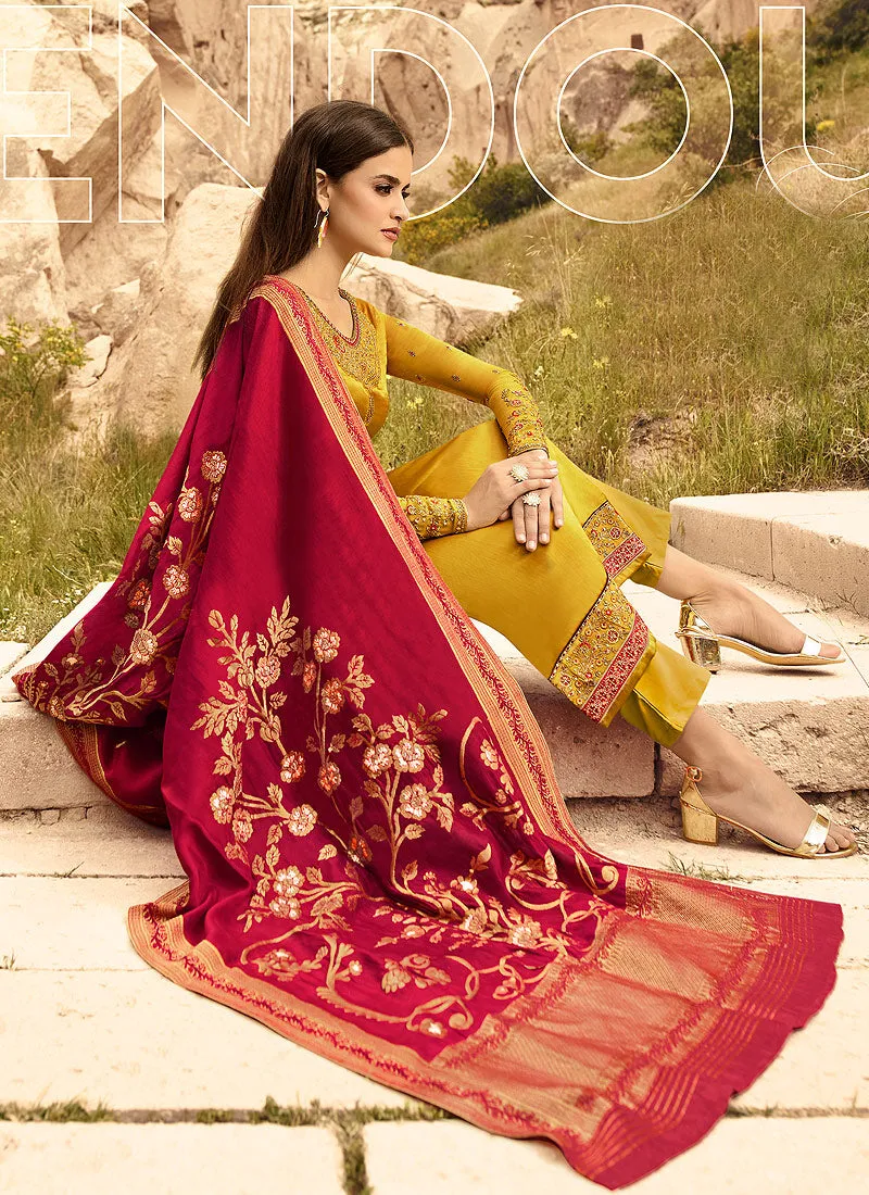 Yellow And Pink Embroidered Pants Suit