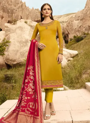 Yellow And Pink Embroidered Pants Suit
